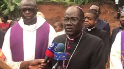 Archbishop Jean Mbarga of Yaoundé Archdiocese in Cameroon addressing journalists after a visit  to the scene of the landslide at the Mbankolo neighborhood. Credit: Yaounde Archdiocese