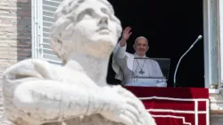 Pope Francis waves during an Angelus address at the Vatican./ Vatican Media.