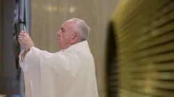 Pope Francis celebrates Mass in the chapel of the Casa Santa Marta April 18, 2020. Credit: Vatican Media.