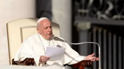 Pope Francis speaks at the general audience Oct. 23, 2019. Credit: Daniel Ibanez/CNA