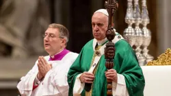 Pope Francis with a new crosier for the Amazon synod closing Mass Oct. 27, 2019. Credit: Daniel Ibanez/CNA.