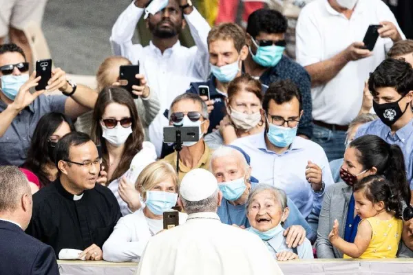 Pope Francis arrives for his general audience in the San Damaso Courtyard at the Vatican, Sept. 2, 2020. Credit: Daniel Ibañez/CNA. Other photos: Vatican Media.