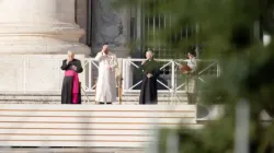 Pope Francis praying at the general audience on St. Peter's Square | Daniel Ibáñez / CNA