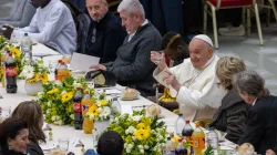 Pope Francis raises his glass at the start of a lunch with poor and economically disadvantaged people in the Vatican's Paul VI Hall on Nov. 19, 2023. / Credit: Daniel Ibanez/CNA