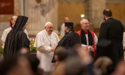 Pope Francis and Archbishop of Canterbury Justin Welby exchange greetings with other Christian leaders at an ecumenical second vespers at the Basilica of St. Paul Outside the Walls in Rome on the feast of the Conversion of St. Paul, Jan. 25, 2024. / Credit: Daniel Ibañez/CNA