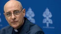 Cardinal Victor Manuel Fernández, prefect of the Dicastery for the Doctrine of the Faith, speaks during a press conference about a new Vatican document on human dignity on April 8, 2024. / Credit: Daniel Ibañez/CNA