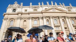Pilgrims shield themselves from the sun at Pope Francis' general audience in St. Peter's Square at the Vatican, Wednesday, June 26, 2024. / Credit: Daniel Ibanez/CNA