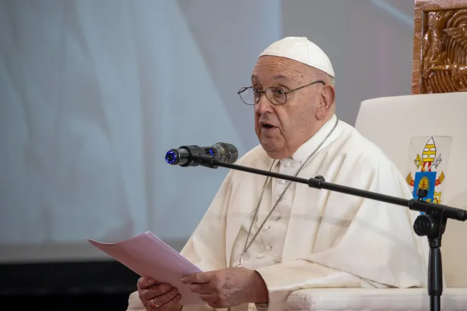 Pope Francis speaking to civic leaders, authorities and diplomats at the APEC Haus in Port Moresby. Papua New Guinea, on Sept. 7, 2024