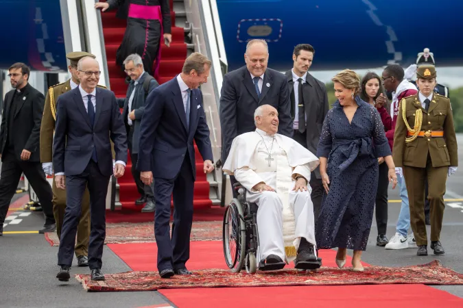 Pope Francis arrives at Luxembourg Airport on Thursday, Sept. 26, 2024, the first stop in a four-day tour of Luxembourg and Belgium, two historically Christian countries in Europe, both of which are experiencing steep declines in religious adherence amid the spread of secularization.