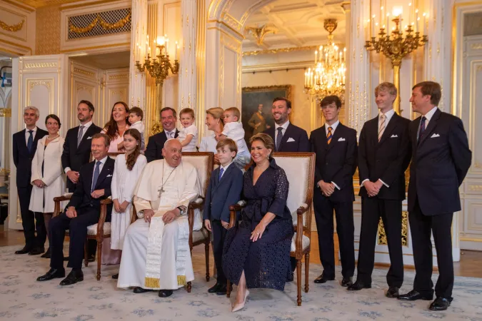 Pope Francis meets the grand duke of Luxembourg, Henri, and his wife, Grand Duchess María Teresa, at their official residence, the Grand Ducal Palace, along with their five children and seven of their eight grandchildren on Sept. 26, 2024.