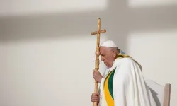 Pope Francis prays during Mass at King Baudouin Stadium in Brussels, Belgium, Sunday, Sept. 29, 2024 / Credit: Daniel Ibáñez/CNA