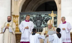 Pope Francis speaks at a Mass and canonization of 14 new saints in St. Peter's Square on Sunday, Oct. 20, 2024 / Credit: Daniel Ibáñez/CNA