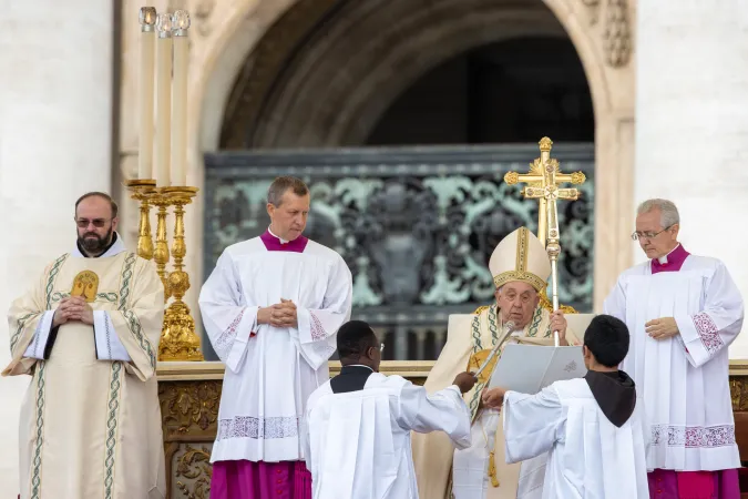 Pope Francis speaks at a Mass and canonization of 14 new saints in St. Peter's Square on Sunday, Oct. 20, 2024