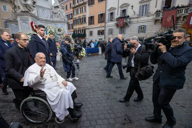 Pope Francis greets the crowd gathered at Rome’s Spanish Steps, Dec. 8, 2024.