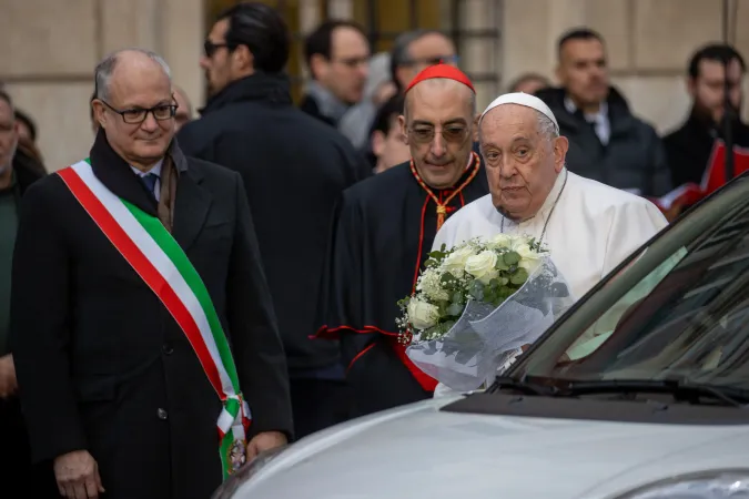 Pope Francis arrives with flowers for the traditional act of veneration of the Immaculate Conception at the Spanish Steps in Rome, Dec. 8, 2024.