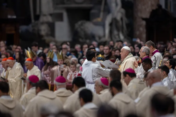 Pope Francis speaks to the faithful during Mass for the Solemnity of Mary, Mother of God at St. Peter's Basilica, Jan. 1, 2025.