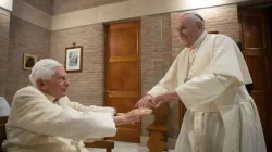 Pope Francis greets Pope emeritus Benedict XVI at the Vatican’s Mater Ecclesiae Monastery on Nov. 28, 2020. Credit: Vatican Media.