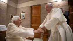 Pope Francis greets Pope emeritus Benedict XVI at the Vatican’s Mater Ecclesiae Monastery on Nov. 28, 2020. Credit: Vatican Media.