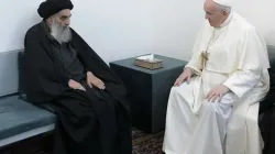 Pope Francis meets Grand Ayatollah Ali al-Sistani in Najaf, Iraq, March 6, 2021. Credit: Vatican Media.