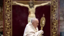 Pope Francis prays in St. Peter's Basilica on June 14, 2020. Credit: Vatican Media/CNA.