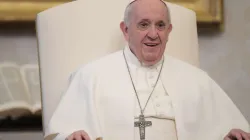 Pope Francis gives a general audience address in the library of the Apostolic Palace Feb. 3, 2021. Credit: Vatican Media.