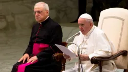 Pope Francis at the general audience in Paul VI Hall Aug. 21, 2019. Credit: Daniel Ibáñez/CNA