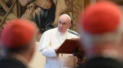 Pope Francis speaks to the Roman Curia Dec. 21, 2020. Credit: Vatican Media.