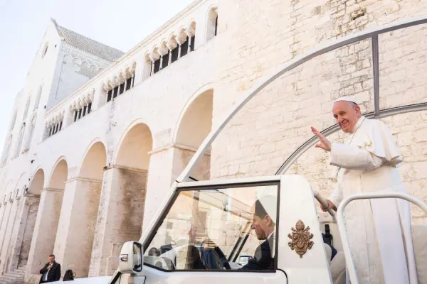 Pope Francis waves from the popemobile in Bari, Italy Feb. 23, 2020. Credit: Daniel Ibanez/CNA.