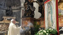 Pope Francis with an image of Our Lady of Guadalupe in St. Peter's Basilica Dec. 12, 2020. Credit: Vatican Media.