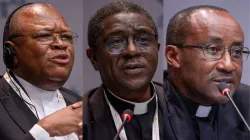 Congolese Cardinal Fridolin Ambongo Besungu, Archbishop Andrew Nkea Fuanya of Cameroon, and Cardinal Edouard Sinayobye of Rwanda talk with journalists at Synod on Synodality press briefings in October 2024. / Credit: Daniel Ibañez/CNA