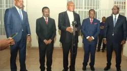 Fridolin Cardinal Ambongo addressing journalists after an audience he granted a section of government officials in the country led by the Speaker of the National Assembly. Credit: Courtesy Photo