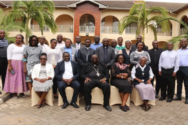Group photo of National Conferences and AMECEA Secretariat staff of Promotion of Integral Human Development and Social Communications departments, with Bishop Moses Hamungole (Front row centre). / AMECEA secretariat/ Facebook