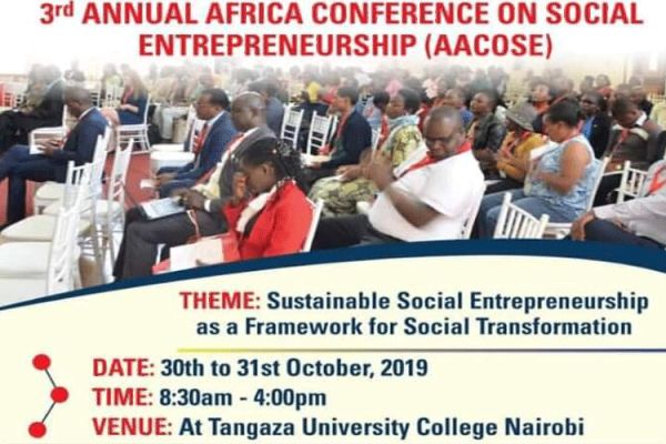 Poster of the planned third Annual African Conference on Social Entrepreneurship (AACSE), to take place at Tangaza University College in Nairobi, Kenya, October 30-31, 2019 / Institute of Social Transformation, Tangaza University College