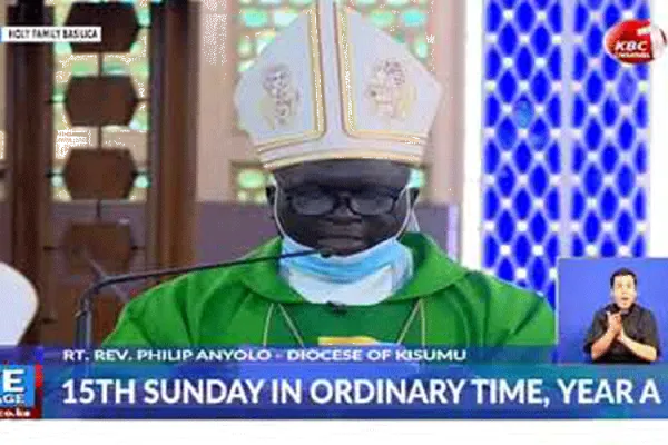 KCCB Chairman, Archbishop Philip Anyolo presiding over a televised Mass at the Holy Family Minor Basilica in Nairobi. / Kenya Broadcasting Corporation (KBC)