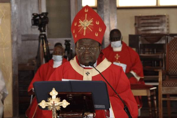 Archbishop Cyprian Kizito Lwanga of Kampala celebrating the Uganda Martyrs Day Mass at the Namugongo Shrine Wednesday, June 3, 2020.