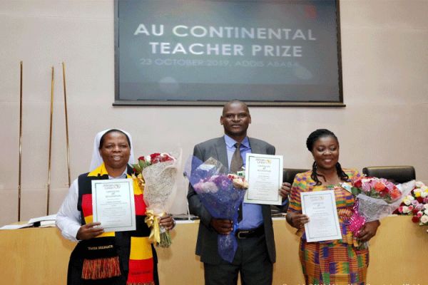 Top three African teachers, from left Ugandan Sr.Gladyce Kachope, Kenyan Eric Ademba, and Ghanaian  Augusta Lartey-Young at the inaugural Continental Teacher Prize in Addis Ababa, Ethiopia on October 23, 2019 / African Union