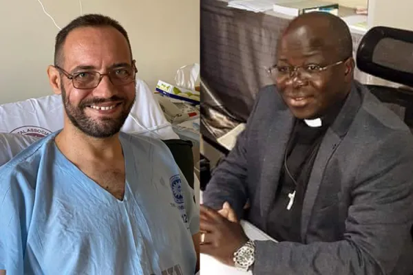 Bishop Matthew Remijio (right) of South Sudan's Wau Diocese appointed by Pope Francis to temporarily govern Rumbek Diocese while the Bishop-elect, Msgr. Christian Carlassare (left), continues to recover from gunshot injuries.