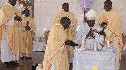 Bishop Emmanuel Badejo blessing the oils during the Chrism Mass at  at Our Lady of Assumption Cathedral Oyo, April 7, 2020. / Oyo Diocese