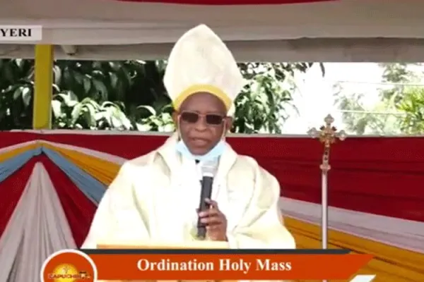 Archbishop Peter Joseph Kairo speaking during the ordination of four Priests and seven Deacons for Kenya’s Nyeri Archdiocese Saturday, November 7. / Capuchin TV/Facebook Page.