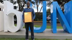 Brother Peter Mokaya Tabichi, Winner of the 2019 United Nations in Kenya Person of the Year Award,  at  the headquarters of the UN in Nairobi, Kenya, October 24, 2019 / UN Information Center, Nairobi