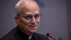 Cardinal Robert Prevost speaks to members of the media during a Synod on Synodality briefing on Oct. 23, 2024, at the Vatican. / Credit: Daniel Ibañez/CNA