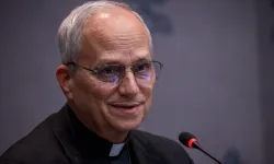 Cardinal Robert Prevost speaks to members of the media during a Synod on Synodality briefing on Oct. 23, 2024, at the Vatican. / Credit: Daniel Ibañez/CNA