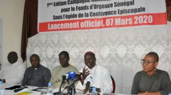 Archbishop Benjamin Ndiaye of Senegal's Dakar Archdiocese with members of Caritas Senegal at the press conference to Launch the Fuudraising campaign, Saturday, March 7, 2020.