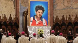 An image of Carlo Acutis was unveiled at his beatification Mass in Assisi, Italy Oct. 10, 2020. / Credit: Daniel Ibanez/CNA