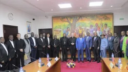 Cardinal Pietro Parolin, Prime Minister Jean-Michel Sama Lukonde and other Church and government officials after the signing of new agreements between the Catholic Church and the government of DRC. Credit: Courtesy Photo