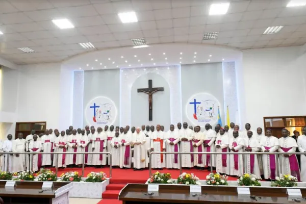 Members of the National Episcopal Conference of Congo (CENCO) with Pope Francis at the Headquarters of CENCO in Kinshasa 03 February 2023. Credit: Vatican Media