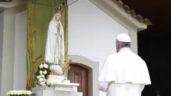 Pope Francis prays at the Sanctuary of Our Lady of Fatima in Portugal on May 12, 2017. Vatican Media.