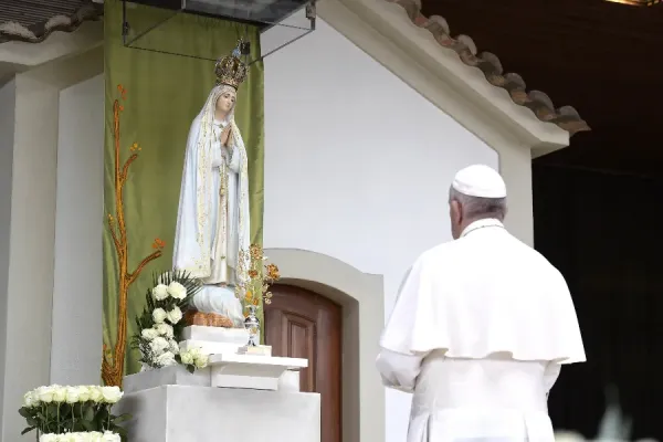 Pope Francis prays at the Sanctuary of Our Lady of Fatima in Portugal on May 12, 2017. Vatican Media.