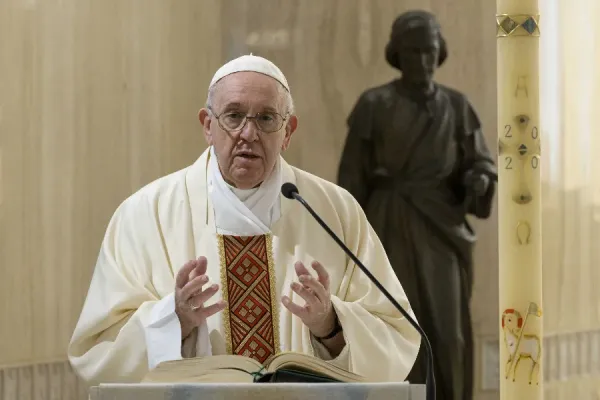 Pope Francis celebrates Mass in the chapel of the Casa Santa Marta on May 1, 2020, the feast of St. Joseph the Worker. / Credit: Vatican Media