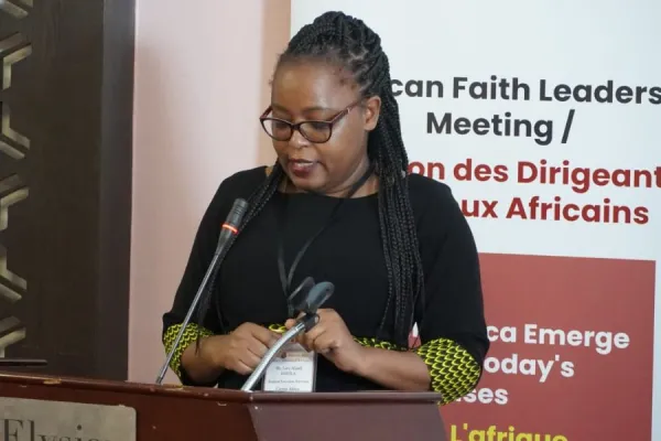 Caritas Africa Regional Executive Secretary, Lucy Afandi Esipila gives her opening remarks at a Faith Leaders' meeting in Nairobi, Kenya. Credit: Jesuit Justice and Ecology Network Africa (JENA)